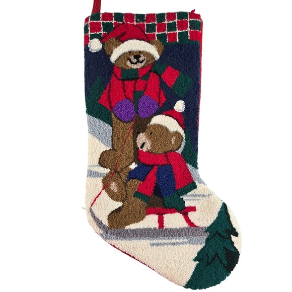 Unbranded Other - Vintage Teddy Bear Christmas Stocking Hooked Rug Style Red Green Holiday Decor